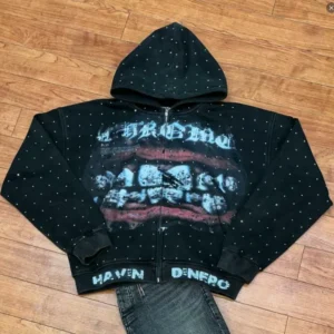 Streetwear Fashion Rhinestone Zip Up Sweatshirt Harajuku Lips Graphic Print Oversized Hoodie Goth Black Hooded Jacket Men Women