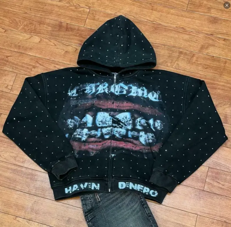 Streetwear Fashion Rhinestone Zip Up Sweatshirt Harajuku Lips Graphic Print Oversized Hoodie Goth Black Hooded Jacket Men Women