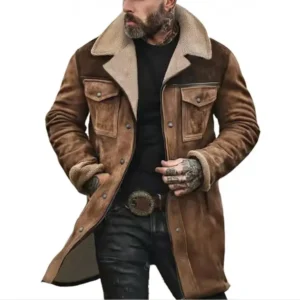 Mens Western Cowboy Jacket Vintage Suede Jacket Long Trench Coats  Cowboy Peacoat Retro Tops Casual Menswear Shirt Soft Fleece Hoodie jacket western clothing jackets letterman jacket western clothing windbreakers Leather Winter Streetwear Beige Crewneck