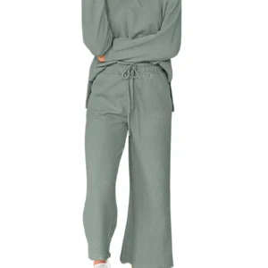 Women's Two-Piece Outfit 2025 Autumn Winter Turn-Down Collar V-Neck Long Sleeve Pullover and Wide-Leg Pants Casual Set with Pockets#     Outdoor Fun