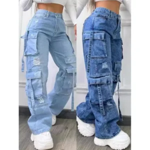 2025 New Fashionable Solid Color All-Matching plus Size High Waist Multi-Pocket Leisure Cargo Denim Trousers for Women Pants Jean Womenswear Bottom jean