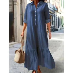 Stylish Plus Size Ruffled Hem Maxi Denim Dress - Women's Fashionable Long Sleeve Button Up Denim Dresses with Washed Blue Color and Flattering Fit - Perfect for Casual Daily Wear