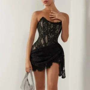 Women's Sexy Lace Dress Solid Color Sheer Patchwork High Waist Lace Dress Elegant Printed Strapless Slim Evening Dress Formal Womenswear