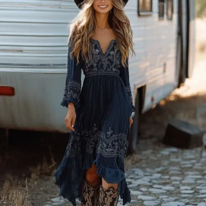 Ladies Western Cowboy Ethnic Style Floral Print Tie Vintage Dress Casual Women's Clothing