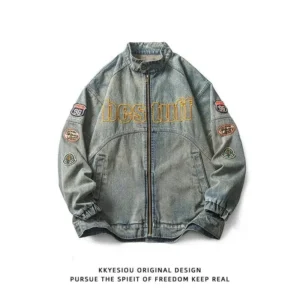 American Retro Fashion Patch Embroidery Zipper Denim Jacket Men 2025 New High Street Motorcycle Loose Jeans Jackets Men