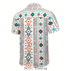 Men's Hawaiian Short-Sleeve Shirt with Vibrant Geometric Pattern – Bohemian Style, Tropical Print, Retro Moroccan Design for Summer Beach Vacations and Casual Outings father's dad gifts black people summer fits vintage summer clothes Shortsleeve Menswear