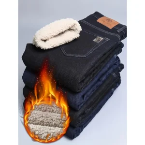 Men's Heavy-Duty Fleece-Lined Winter Jeans - Thermal Insulated Pants for Cold Weather, Dark Blue, Cotton Blend Denim, Business Casual Office & Casual Attire - Hand Wash Only, Cold Weather Apparel