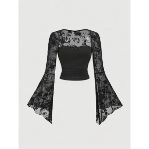 Elegant Black Lace Bell Sleeve Bow Slim Top, Polyester Blend, Tie, Long Sleeve, Solid Color, Knitted Fabric, Suitable for All Seasons Shirts Chic