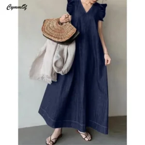 Solid Color Loose Denim V-Neck Flutter Sleeve Maxi Dress! Bohemian Casual Vacation Style #   DenimVNeckFlutterDress #   BohemianMaxiDress #   VacationLooseDress
