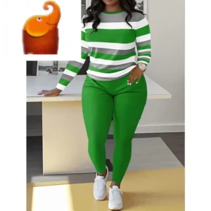 Two-piece Slim Matching Set: Long Sleeve Crew Neck Striped Color Block T-shirt & Solid Elastic Waist Pants Outfits for Women  pan