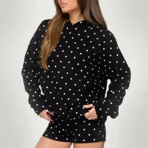 Women's Autumn New Product White Polka Dot Hoodie and Shorts Set