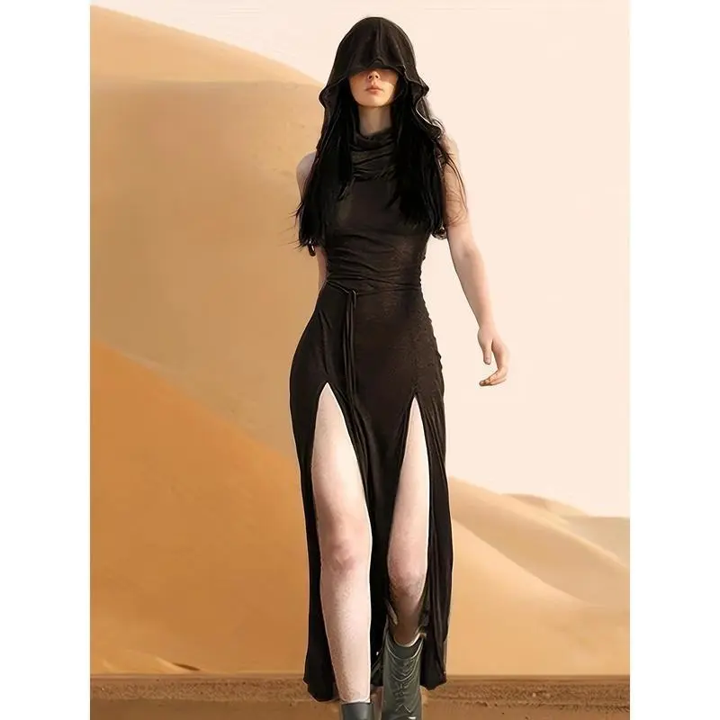 Womenswear Casual Solid Color Sleeveless Pullover Hooded Dress with Sexy Slit, Comfortable Cutout Design, Dark Green, Minimalist Style