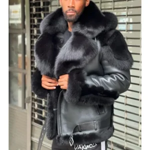 Fashion Black Large Fur Collar Hooded Thickened Fleece Men's Leather Jacket 6556
