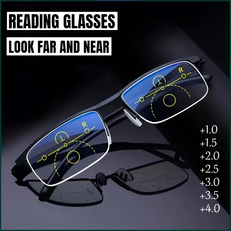 2-in-1 Progressive Multi-Focus Reading Glasses with Metal Half Frame, Square Shape, Resin Lenses, 3 Color Options, Includes Case, Classic Fashion, Progressive Reading Glasses Black Unisex Eyeglass For Astigmatism Bifocals
