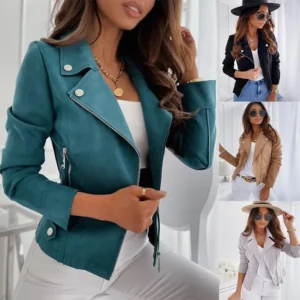European and American autumn and winter hot selling women's leather suede zipper button decoration slim casual jacket
