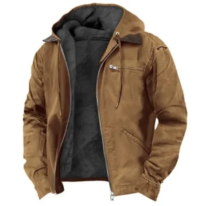 Solid Color Hooded Cotton Jacket Casual Men's Fleece Lined Zipper Pocket Jacket Coat Menswear Tops