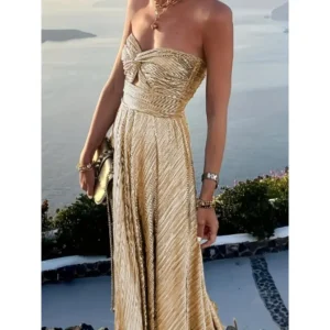 Glamorous Women’s Gold Strapless Maxi Dress! Shiny Textured Design & Chic Knot Detail—Perfect for Evening Galas & Elegant Occasions! Cotton Fabric modern  wedding  dress