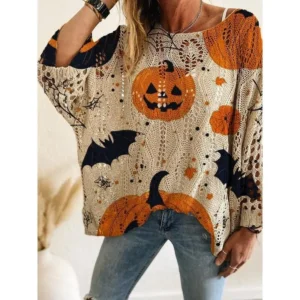 Women's Halloween Pumpkin Print Long Sleeve Knit Top, Casual Elegant Vacation Style, Loose Fit Batwing Shoulder, Spring Summer Fall Wear