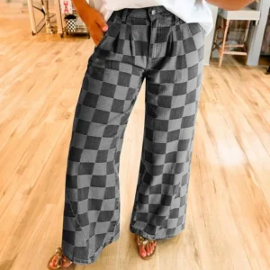 Women's Checkered Denim Wide Leg Jeans for Dailywear Casual Fit