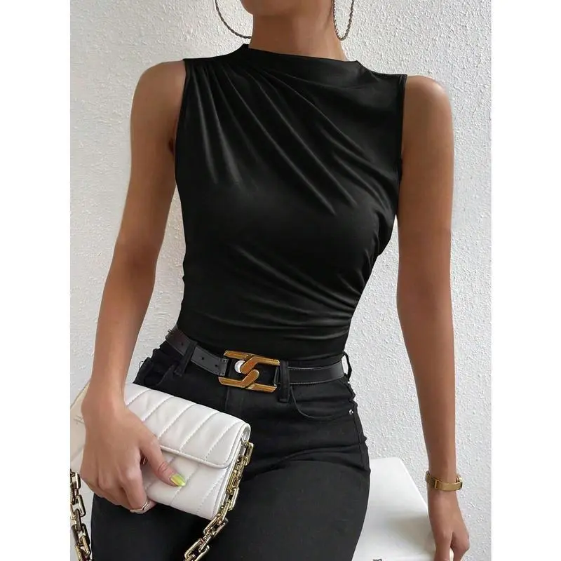 Mock Neck Ruched Tank Top Fabric Fit