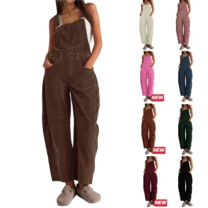 Corduroy Overalls for Women Barrel Wide Leg Corduroy Pants Women Adjustable Romper Jumpsuit with Side Buttons and Pockets for FallFreshness Outfits Loose Fit Soft Fabric