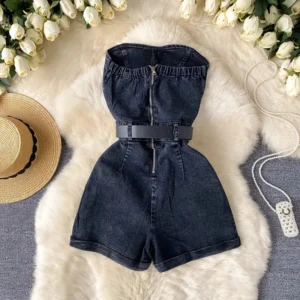 Womens Denim One Piece Summer Fashion Drill High Waist Slim Sleeveless Strapless Sashes Outfits Casual Daily Wear Beach Comfortable Trendy Stylish Ladies Wear