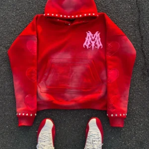 Pullover hoodie with broken heart sleeve print studded details gothic flame letter graphic streetwear sweatshirt