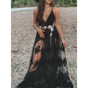 European And American Women's Clothing Independent Station Sleeveless V-Neck Suspender Long Skirt Dress Summer Slim Dress Long Formal Fabric Polyester Piece Womenswear High Waist Black