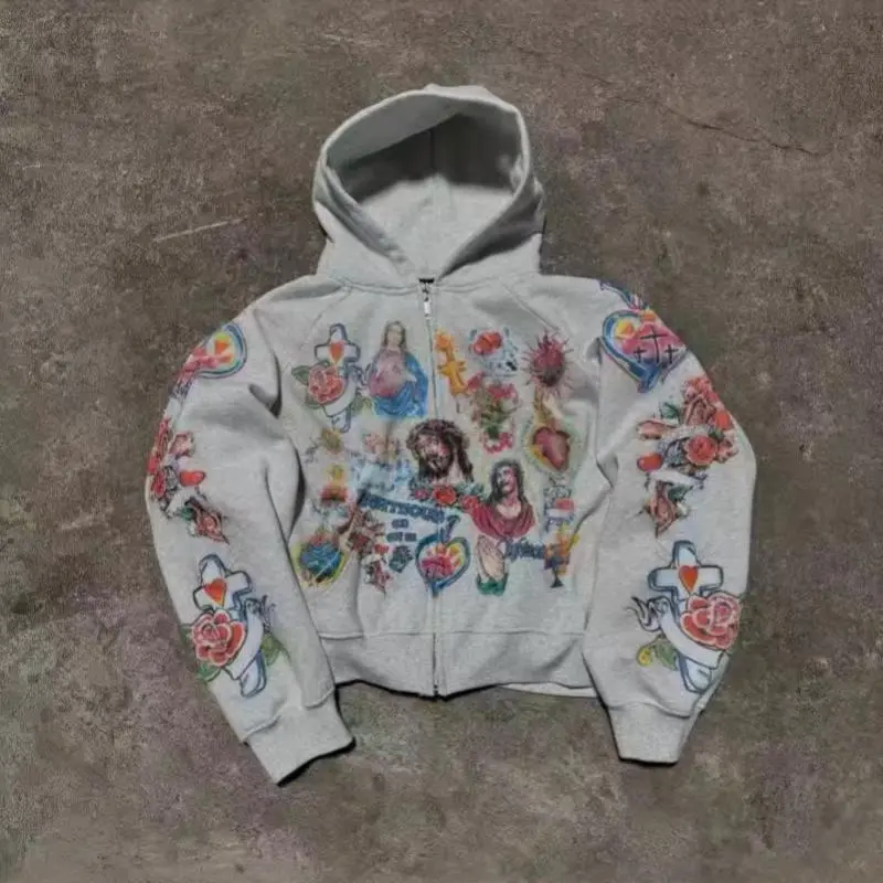 2024 Cross-Border Sweatshirt RIGHTEOUS Cartoon Print Hooded Zipper Sweatshirt Casual Loose New Stock Wholesale(Raincoats)