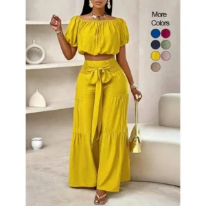 Women's Solid Color Top & Wide Leg Pants Set, Casual Breathable Loose Fit Off Shoulder Top & Palazzo Pants for Summer, Ladies Clothes for Beach Holiday Vacation, Elegance Womenswear(Raincoats)