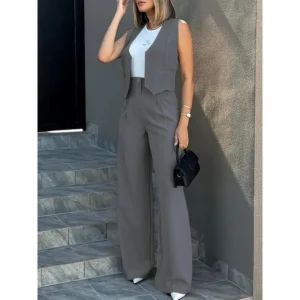 Solid Two-piece Set, Elegant Button Front Vest & Wide Leg Pants Outfits - Women's Clothing - Chic & Stylish - For Casual & Formal Occasions - Perfect Gift for Women