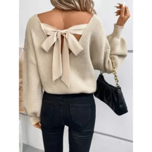 Tie Back V Neck Sweater - Backless, Long Sleeve, Sexy, Fall and Winter Essential, Women's Clothing for Chic and Confident Look