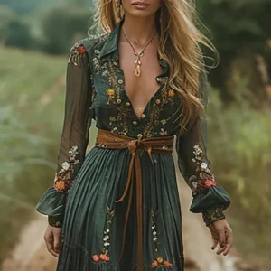 Vintage Floral Deep V Waist Party Maxi Dress Autumn Women's Ethnic Lady Chic Bohemian Dresses(Raincoats)