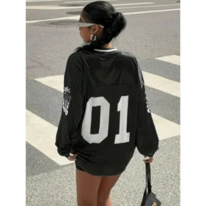 Women's Athletic V-Neck Mesh Jersey T-Shirt - Black & White Number 01 Print, Loose Fit, Long Sleeve,  Knit for Spring/ Fabric Tops Casual Fashion Comfy Casual Breathable