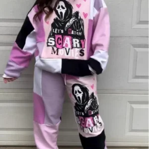 Spooky Halloween Horror Character Patchwork Hoodie Jogger Matching Outfit Eco-Friendly Streetwear for Couples Sustainable Vintage Fabrics Unique Gothic Couple Clothes for Fall Season Ghost Face Design