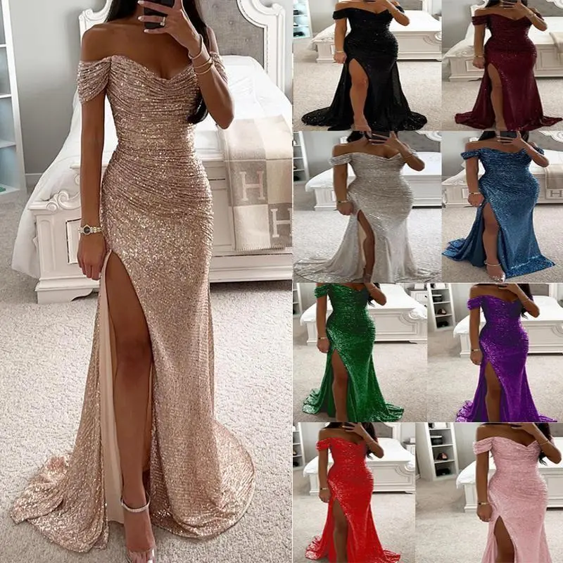 Party Sequin Off-Shoulder Slit Dress INS Casual Fashion Dress for Women Formal Womenswear Workwear Shortsleeve Festival Basic Comfort Minimalist