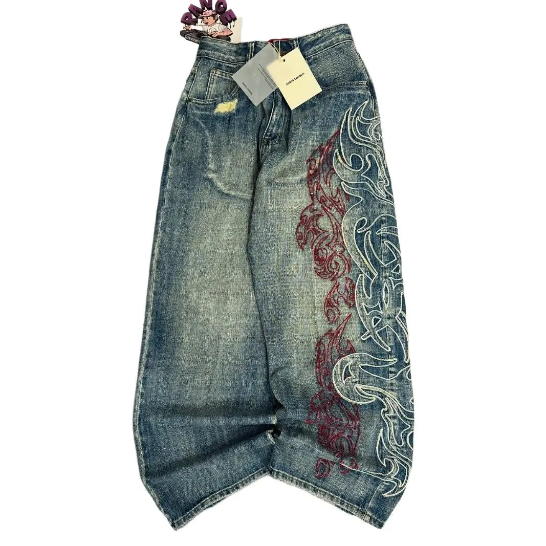 Y2K American New Pattern Embroidery Baggy Jeans Men High Street Vintage Hip Hop Fashion Casual Joker Couple Wide-leg Pants