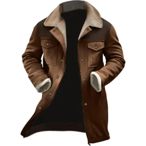 Mens Western Cowboy Jacket Vintage Suede Jacket Long  Coats Zip Up Plush Collar Cowboy Peacoat Retro Tops Casua Trench Beige Black