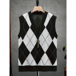 Men'sFashionKnitVest,CasualPolyesterV-Neck,StretchyArgylePattern,Sleeveless,All-Season,RegularFit,KnittedSweaterCardiganBlouses & Shirts