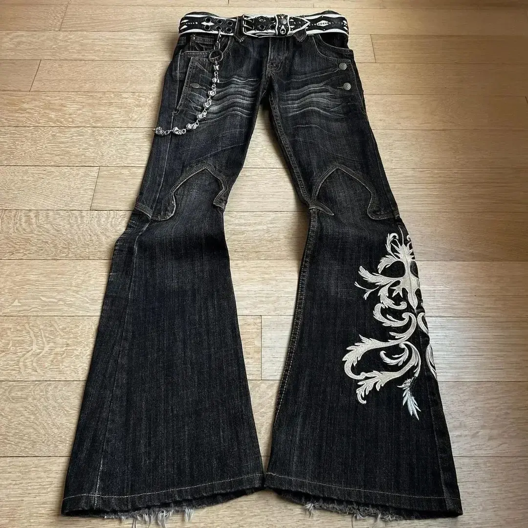 New men's hip-hop heavy embroidery jeans, punk-style flared pants, Y2K millennium washed jeans, dark style jeans, street fashion and trendy items, suitable for all seasons.
