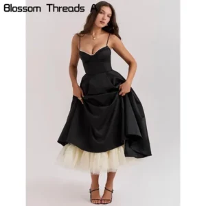 Elegant A-line backless Sexy Midi Dress Women's fashion Spaghetti Strap Sleeveless loose Club Party Dress