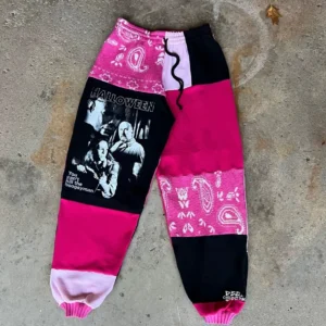 Matching vintage patchwork jogger pants for couples, eco-friendly Halloween streetwear..