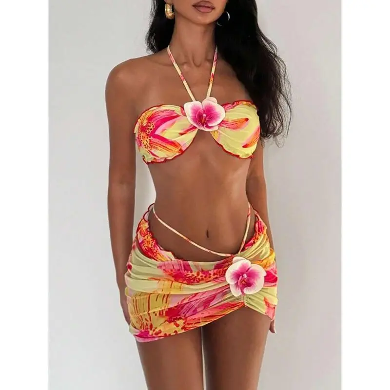solid color bikini 3pcs/Set Women Swimsuit, Yellow Floral Random Print Ruffle Halter Top With 3D Flower Detail, High Waist Bottom Shorts And Drawstring Skirt, European & American Teen Style Vacation P