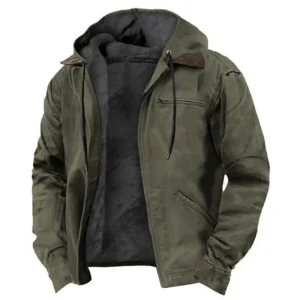 Solid Color Hooded Cotton Jacket Casual Men's Fleece Lined Zipper Pocket Jacket Coat, Menswear Tops