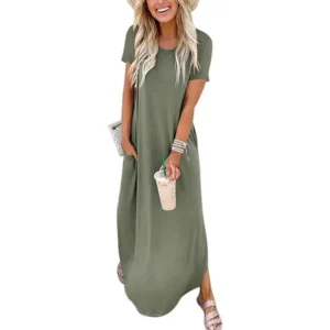Women'sSummerCasualLooseShortSleeveLongTShirtDressSplitMaxiBeachSundressTravelVacationOutfitsBlouses & Shirts