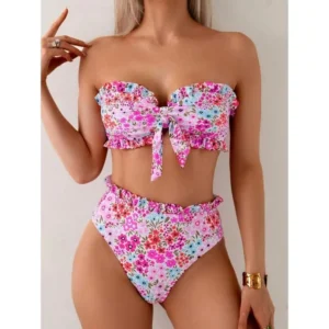 Swim Mod Spring/Summer Bestselling Ditsy Floral Beach 2pcs/Set Ruffle Bandeau Suit