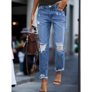 Stretchy Boyfriend Jeans for Women - Ripped, Distressed, Comfortable Denim Pants with Five-Pocket Design, Faded Wash, And Relaxed Fit