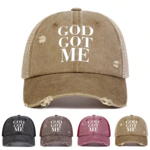 1pc Women's GOD GOT ME Letter Print Washed Baseball Cap, Outdoor Sun Protection Adjustable Casual Mesh Cap, Spring & Autumn Travel Beach Vacation Distressed Dad Hats Dad Trucker Hat