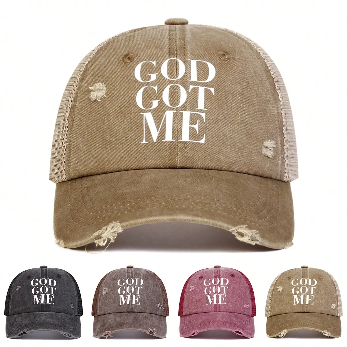 1pc Women's GOD GOT ME Letter Print Washed Baseball Cap, Outdoor Sun Protection Adjustable Casual Mesh Cap, Spring & Autumn Travel Beach Vacation Distressed Dad Hats Dad Trucker Hat