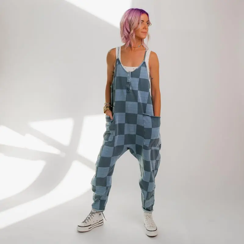 Women's Tank Romper - Oversized Blue Denim Check, Soft & Chic, Adjustable Straps, Comfortable Casual Jumpsuit for Women